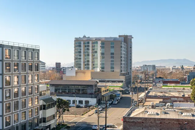 a city view with tall buildings