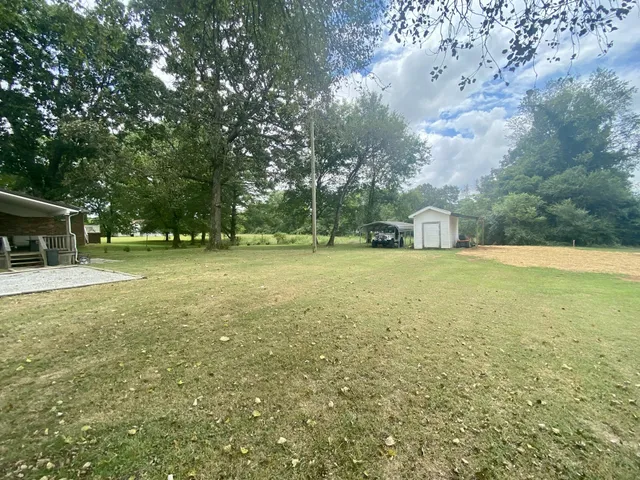 a view of a field of grass and trees