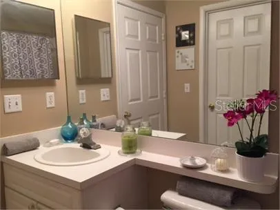 a bathroom with a sink and a mirror