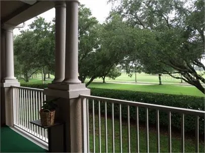 a view of a chair and trees in the yard