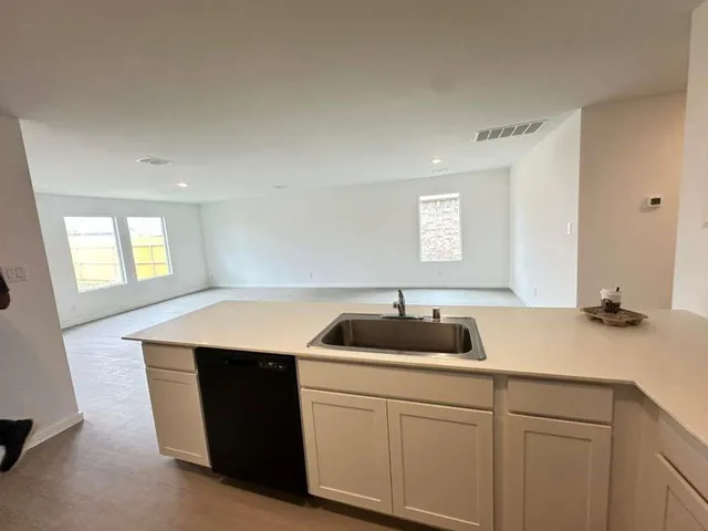 a kitchen with a sink a counter space and cabinets