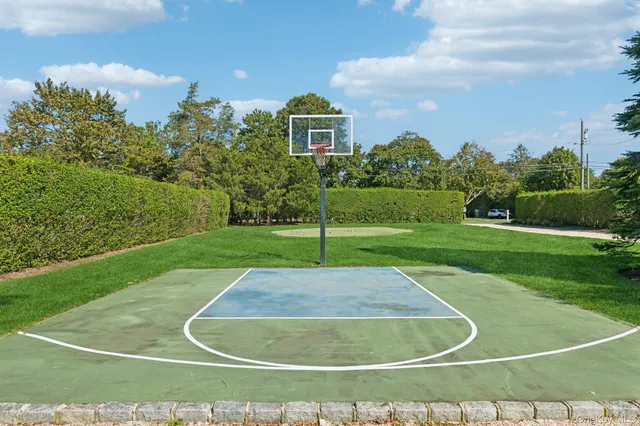 a view of a garden and basketball court