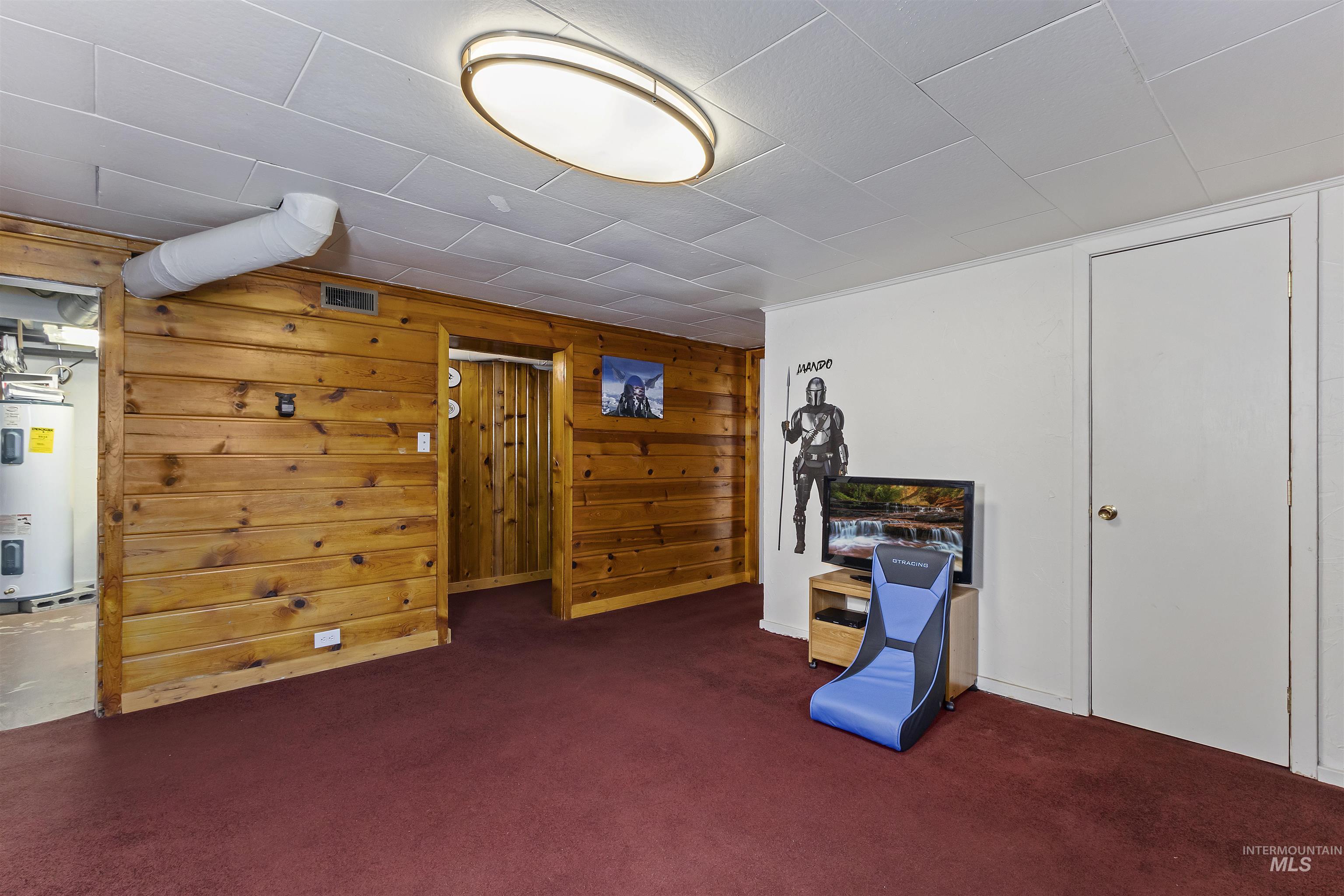 184 Taylor Street Twin Falls, ID 83301 - Photo 14 of 23 Below grade area featuring wooden walls, carpet flooring, and water heater