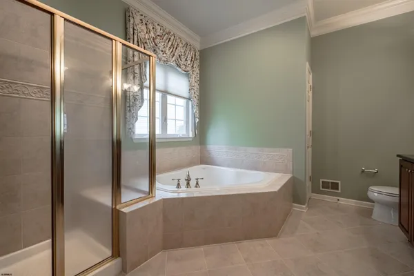 a bathroom with a bathtub and a toilet