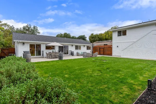 a garden view with a seating space