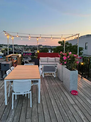 an outdoor space with seating