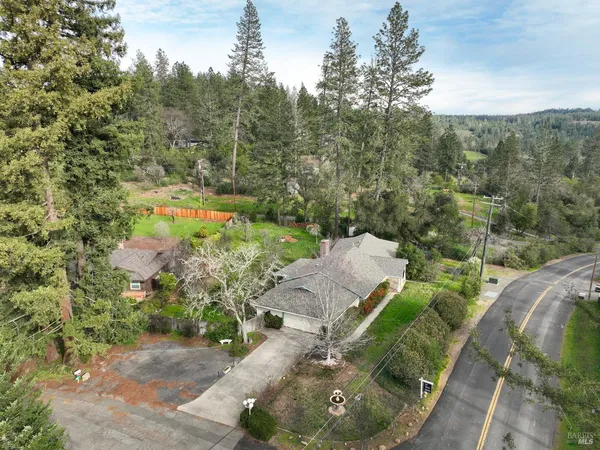 an aerial view of residential houses with outdoor space and trees
