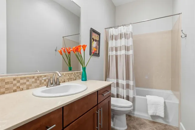 a bathroom with a sink a toilet and shower curtain