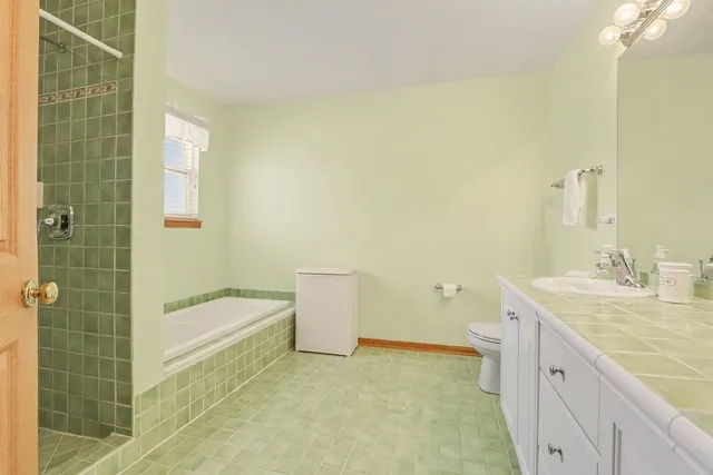 a bathroom with a granite countertop sink a toilet and shower