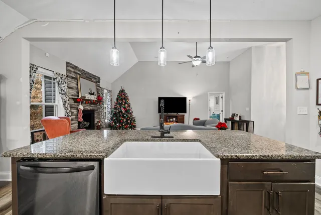 a view of a living room and dining room