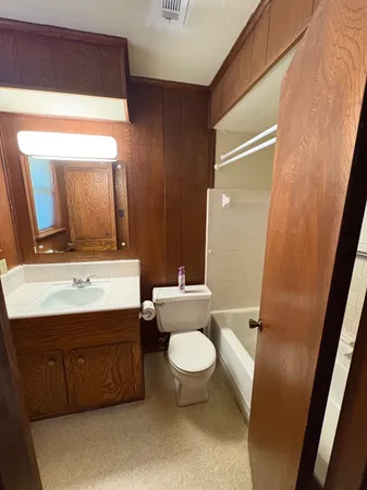 a bathroom with a sink a toilet and mirror