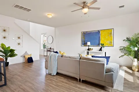 a living room with furniture and a potted plant