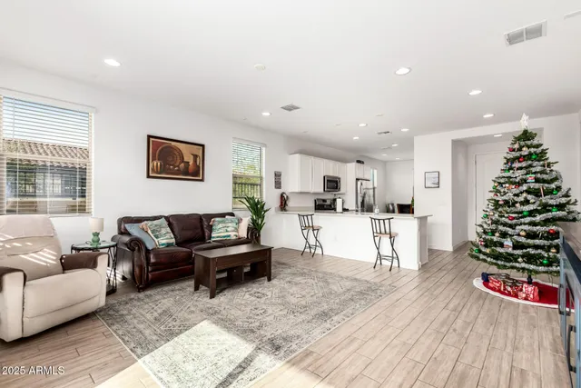 a living room with furniture and a potted plant