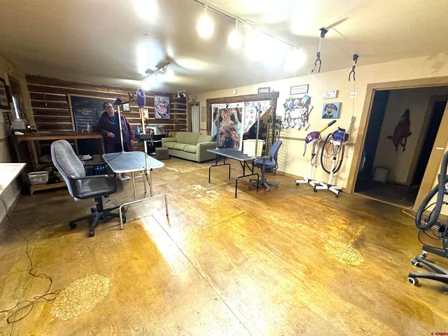 a living room with a rug and a window