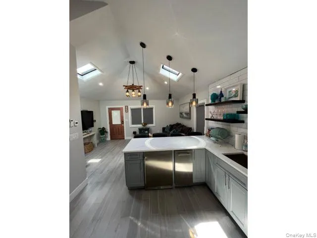 a large white kitchen with cabinets potted plant and a window