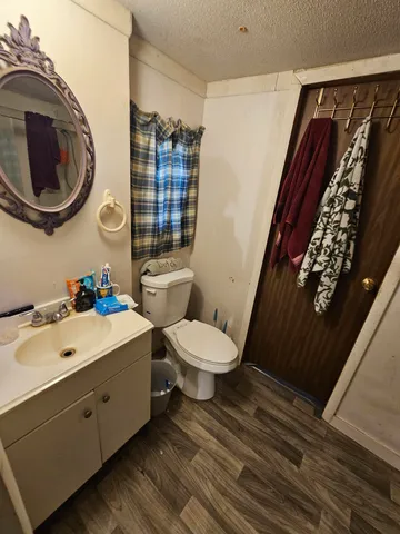 a bathroom with a toilet a sink and a mirror