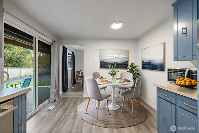 a kitchen with a table and chairs