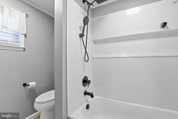 a bathroom with a shower a toilet and a window