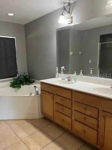 a bathroom with a tub sink and mirror