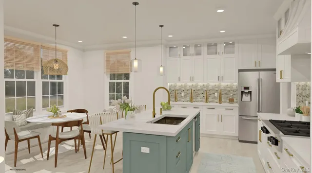 a kitchen with stainless steel appliances granite countertop a table chairs stove a refrigerator a sink dishwasher with a dining table and chairs