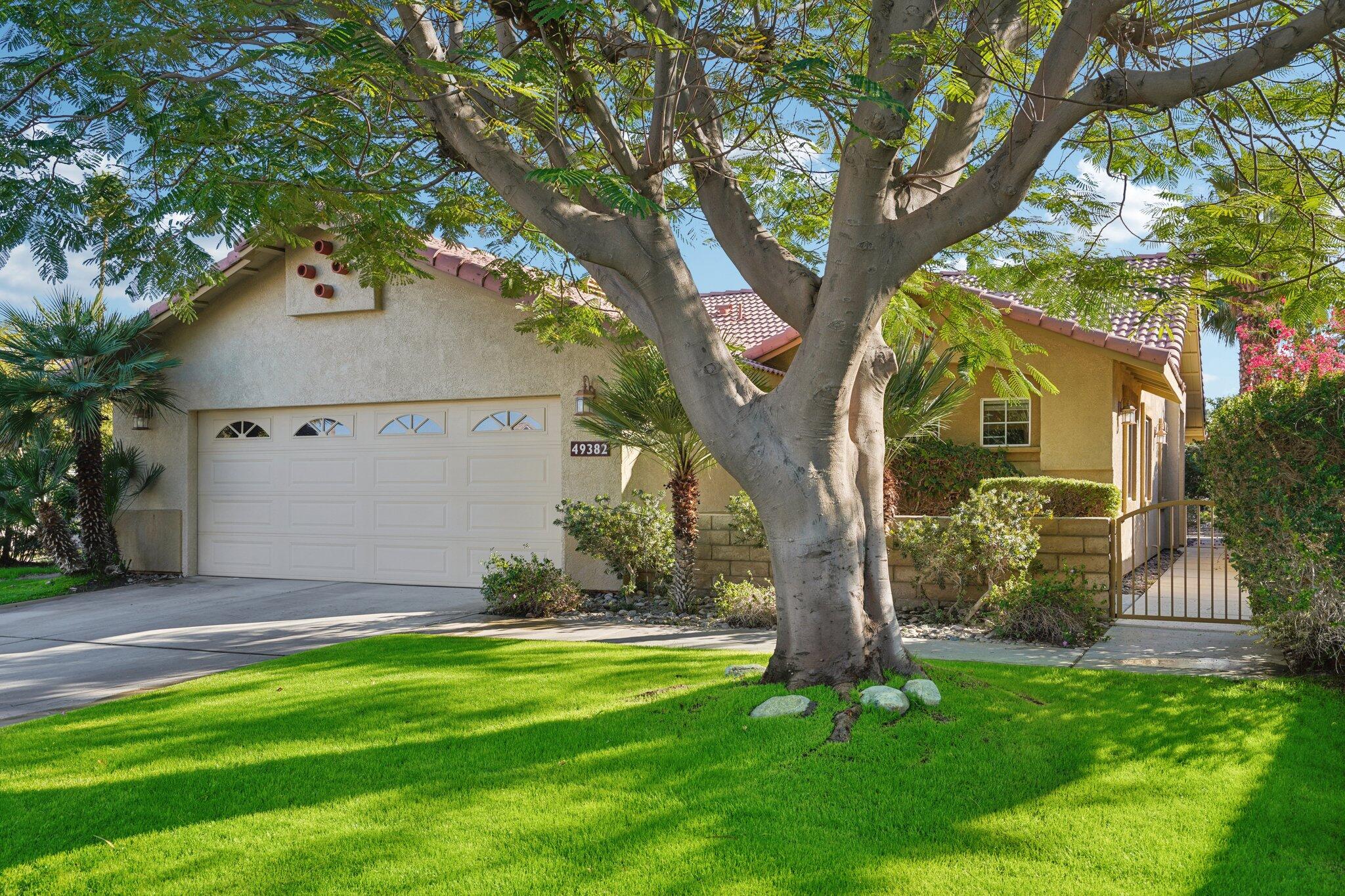 a view of a yard in front of a house with large tree