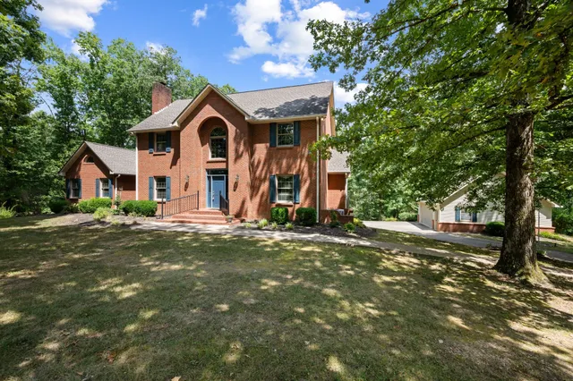a view of a park with large trees