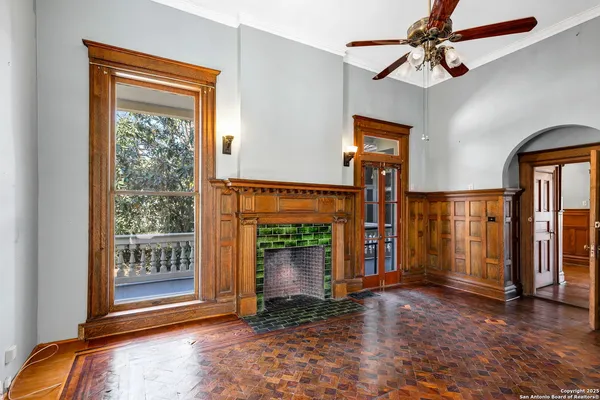 a stone house with a fireplace in it
