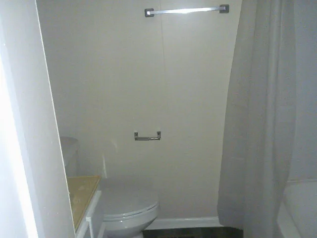 a white toilet sitting next to a shower