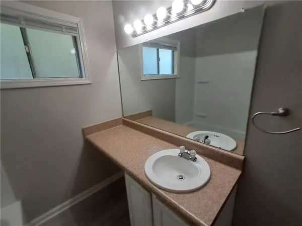 a bathroom with a sink and a mirror