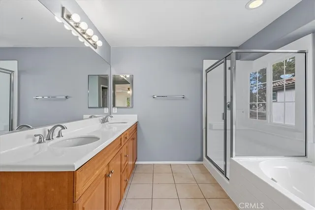 a bathroom with a double vanity sink a large mirror and a bathtub