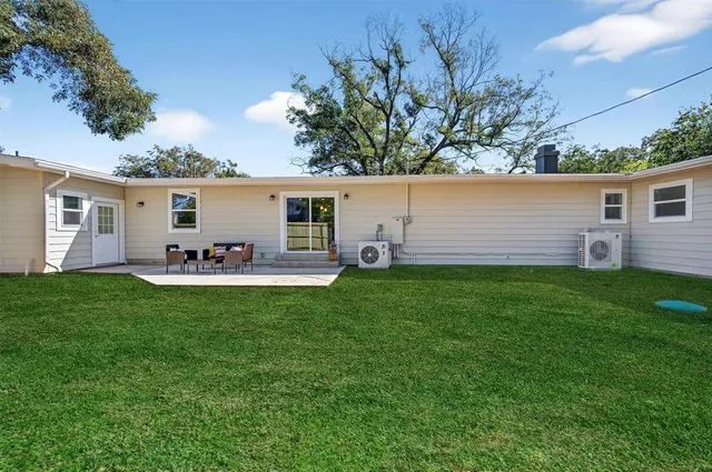 a view of a backyard with plants and large trees