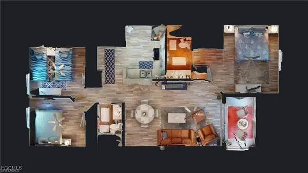 an aerial view of a kitchen with outdoor seating