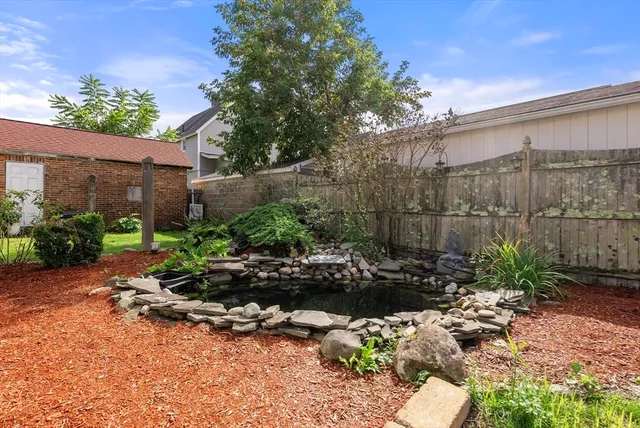 a backyard of a house with a large tree
