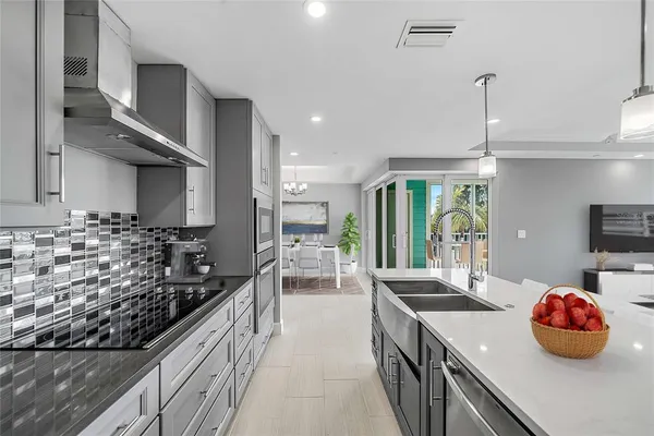a kitchen with stainless steel appliances a stove sink and cabinets