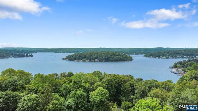 a view of a lake with houses in the back