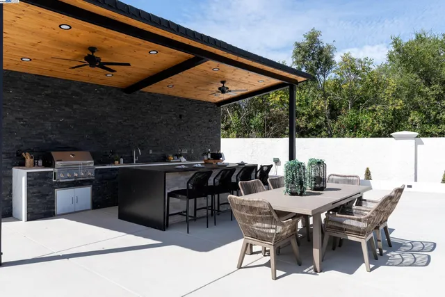 a view of a backyard with swimming pool