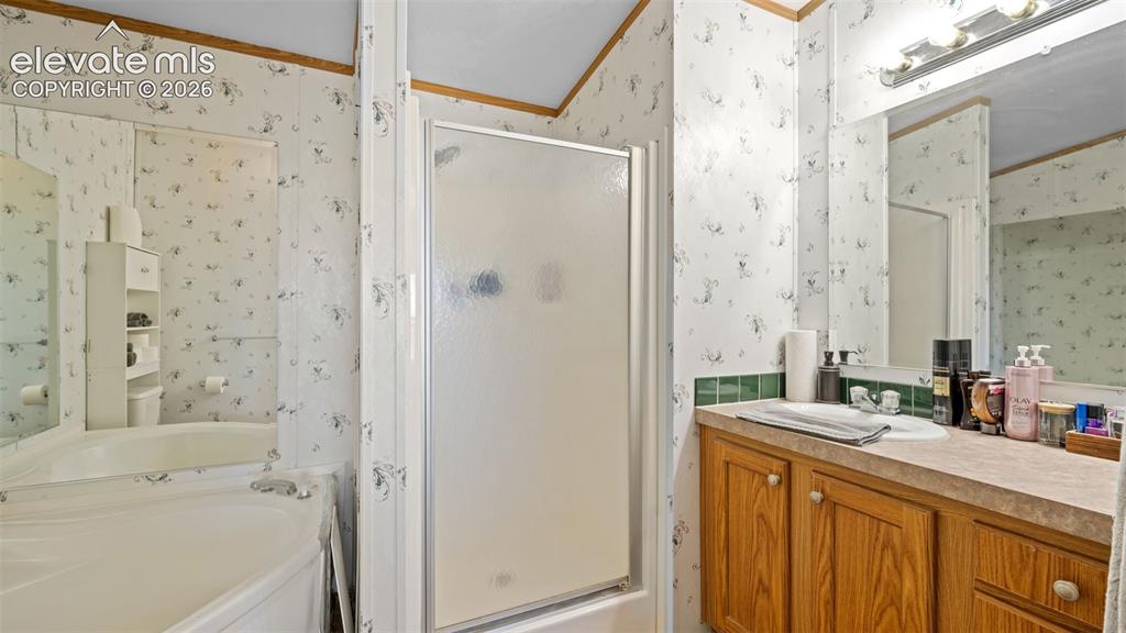 33975 Highway 94 Yoder, CO 80864 - Photo 17 of 40 Bathroom featuring a corner soaking tub, a stand-up shower with a frosted glass door, and a single vanity with wood-finish cabinetry and a framed mirror