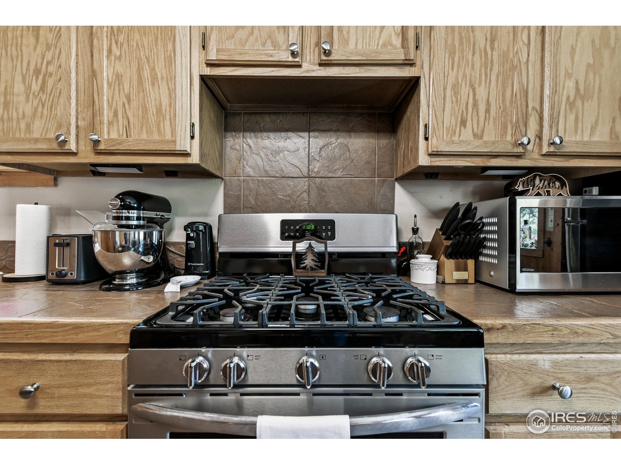 541 Riverside Drive Lyons, CO 80540 - Photo 6 of 45 a kitchen with granite countertop a stove and a microwave