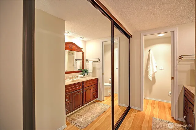 a bathroom with a tub sink vanity and a mirror