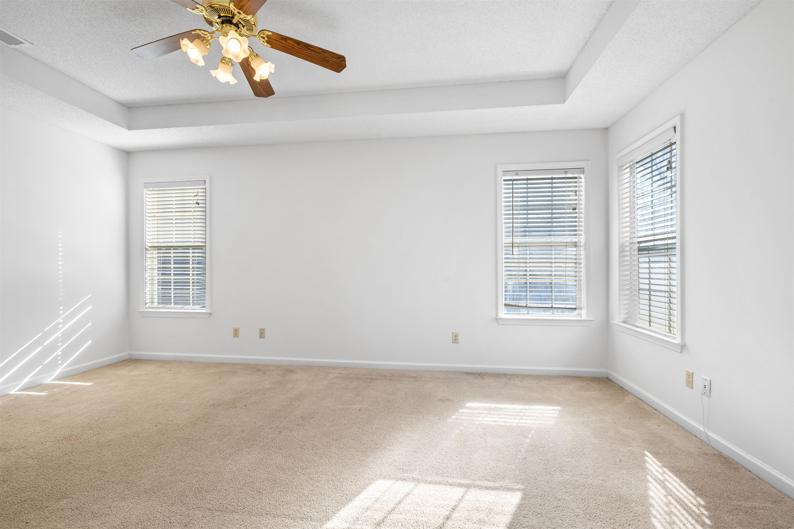 7361 Appling Ridge Drive Cordova, TN 38018 - Photo 21 of 31 Unfurnished room with a ceiling fan, a tray ceiling, light colored carpet, and a textured ceiling