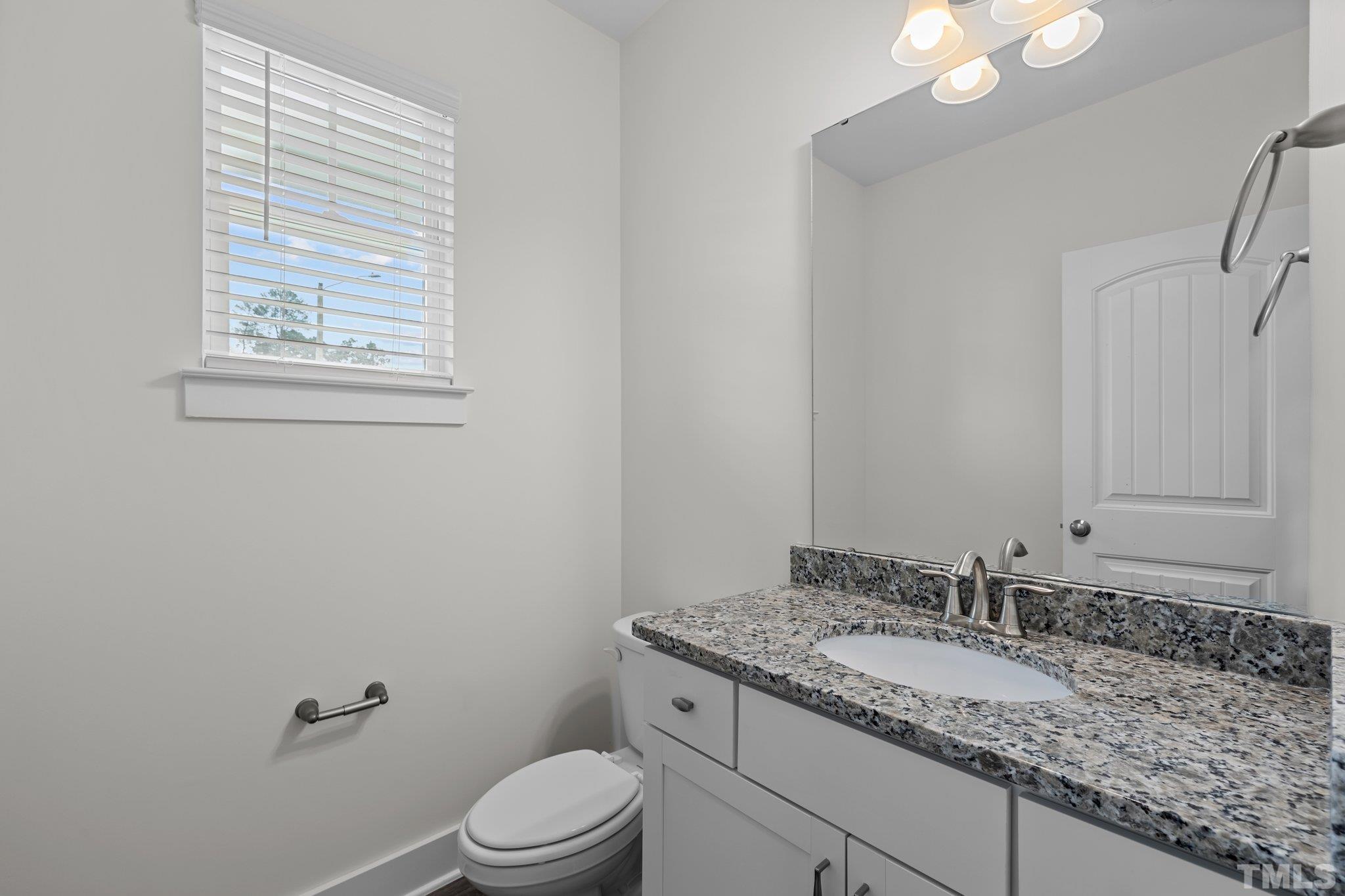 1001 Heartstone Way Durham, NC 27713 - Photo 8 of 31 a bathroom with a granite countertop sink a toilet and a mirror