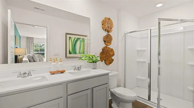 a bathroom with a sink mirror vanity and toilet