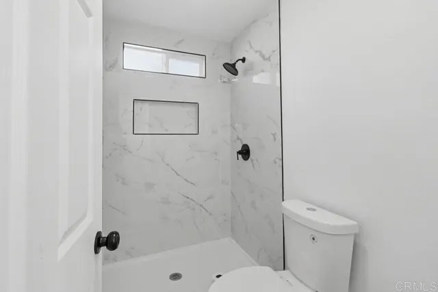 a bathroom with a shower and a toilet
