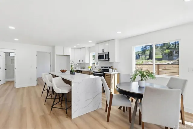 a view of a dining room with furniture window and outside view
