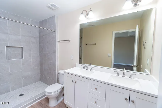 a bathroom with a toilet a sink a mirror a shower a vanity and window