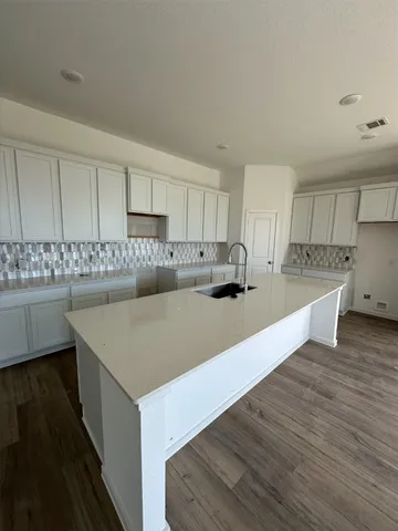 a kitchen with a sink a stove and cabinets