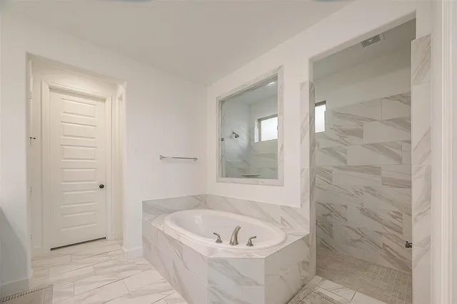 a bathroom with a tub a sink and a shower