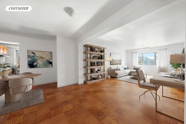a living room with furniture and a book shelf