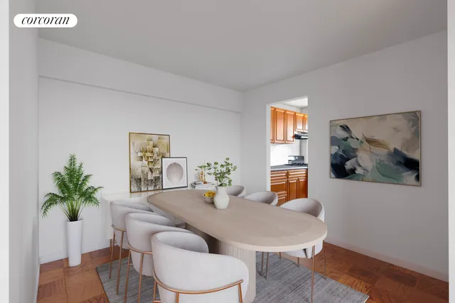 a dining room with furniture and window