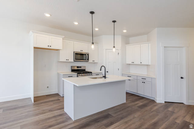 4812 Heartwood Road, Unit 424 Mapleton, UT 84664 - Photo 6 of 20 Kitchen featuring white cabinets, stainless steel appliances, a kitchen island with sink, decorative light fixtures, and dark wood finished floors